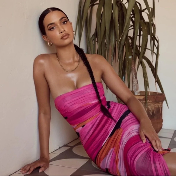 HOUSE OF CB 'Sasha' Multicoloured Strapless Ruched‎ Midi Dress/Size XS NWOT - Picture 1 of 16